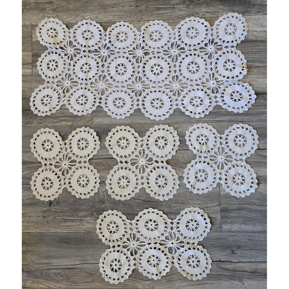 Handmade White Crochet Doily Set Rectangle Square Vintage Lace Decor 1940s